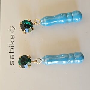 Sabika Green Crystal and Blue Glass Element Earrings